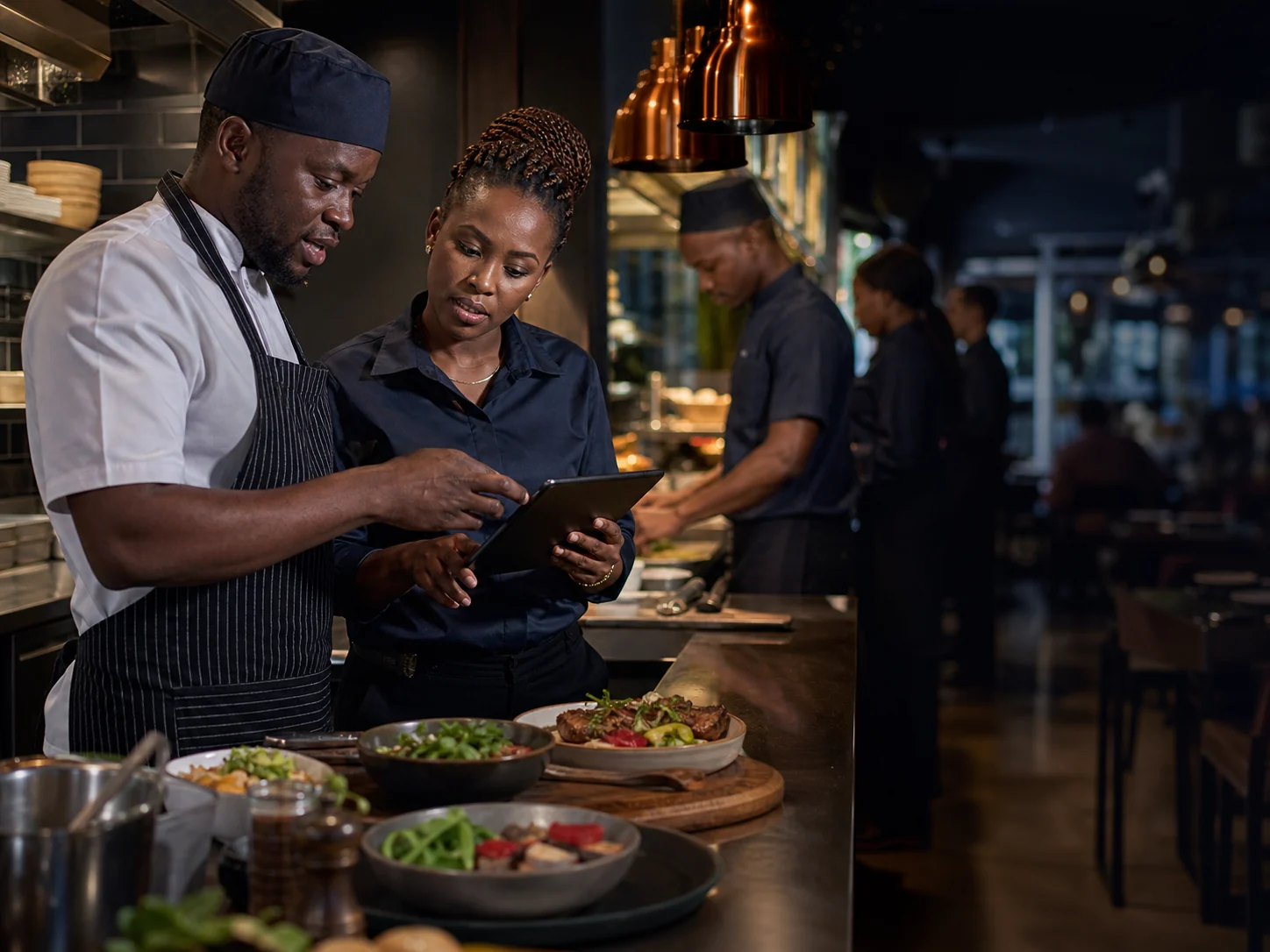Chef et responsable restaurant suivant le service sur une tablette